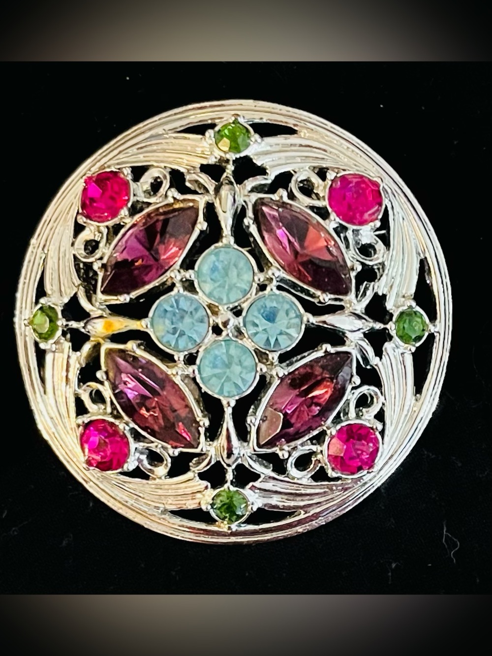 Vintage Multicolor Crystal Filigree Brooch and Earring Set - Picture 2 of 3